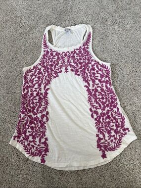 Lucky Brand White Racerback Tank with Magenta Embroidery